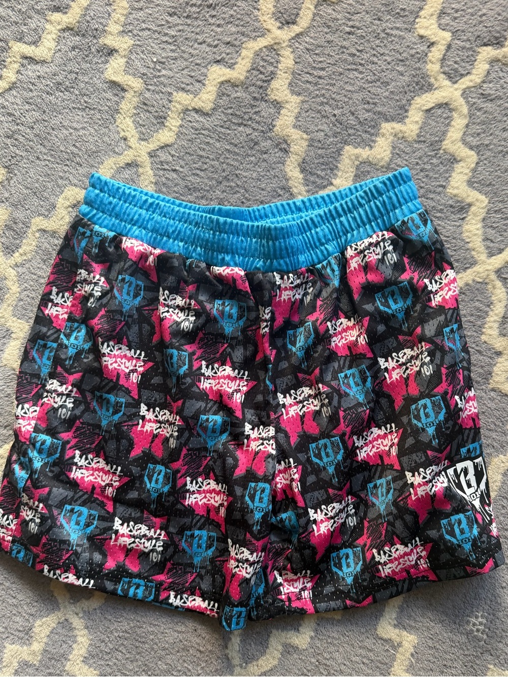 Baseball lifestyle 101 Athletic Shorts in Black with Blue and Pink Print